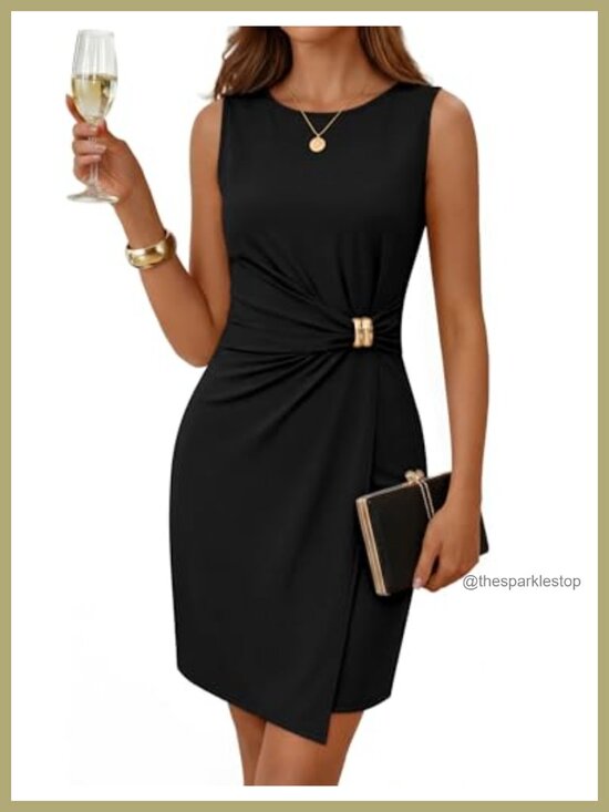 Dresses & Skirts - Sleeveless Bodycon Mini Dress Crew Neck Gold Detail Formal Cocktail Party